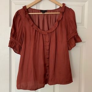 J Crew Ruffle featherweight satin scoop neck top